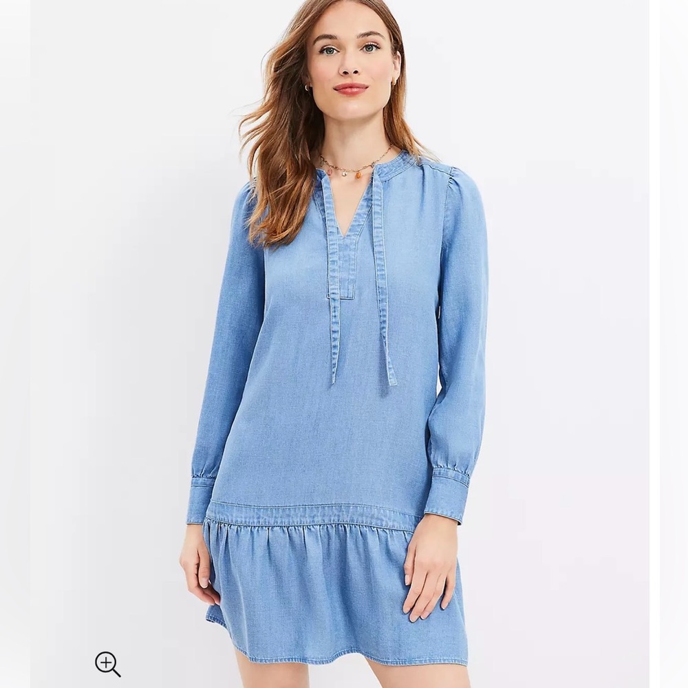Loft Chambray Tie Neck Flounce Swing Dress Size Large New Without Tags